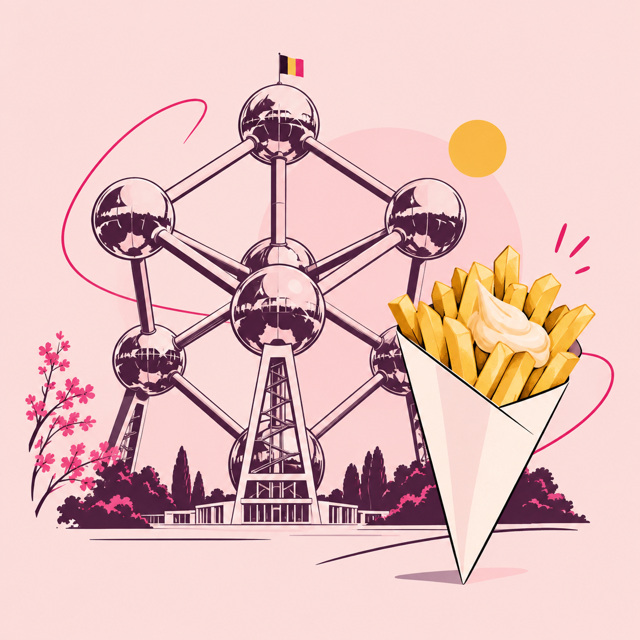 Illustration of Brussels’ Atomium and Belgian fries