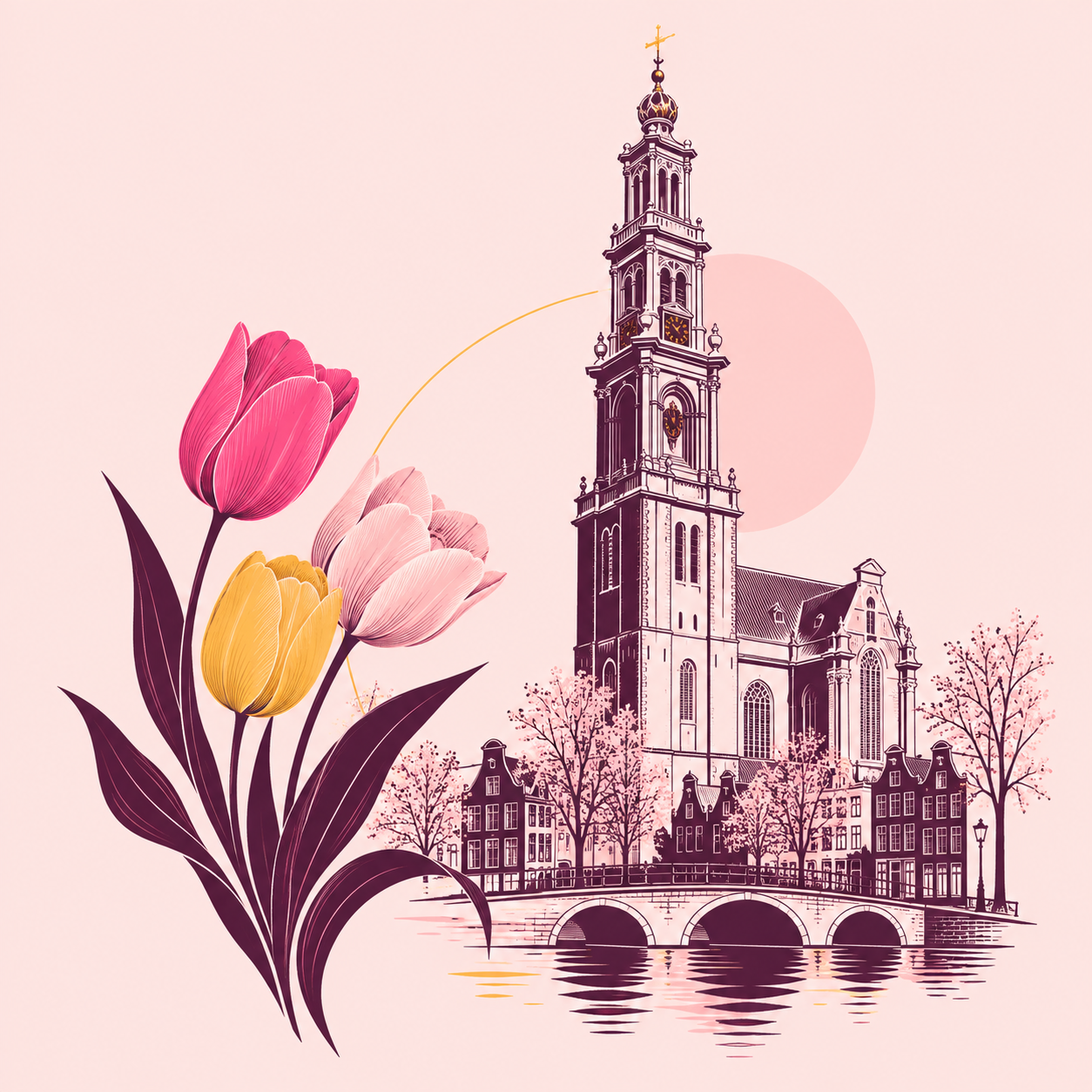 Illustration of Amsterdam’s Westertoren and tulips